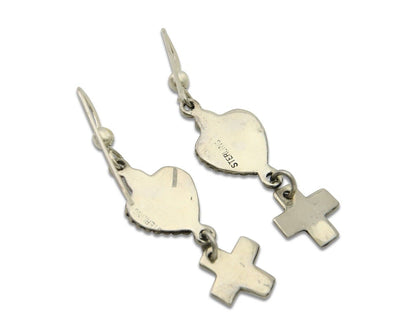 Navajo Earrings 925 Silver Heart Cross Natural Onyx Native American Artist C.80s
