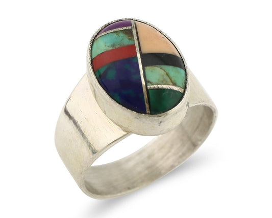 Zuni Inlaid Ring 925 Silver Mixed Natural Gemstones Native American Artist C.80s