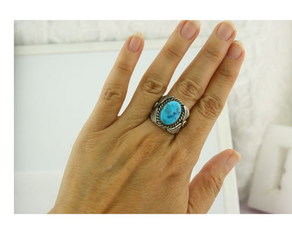Vintage Navajo Ring 925 Sterling Silver Turquoise Signed Juan Guerro Size 8.0