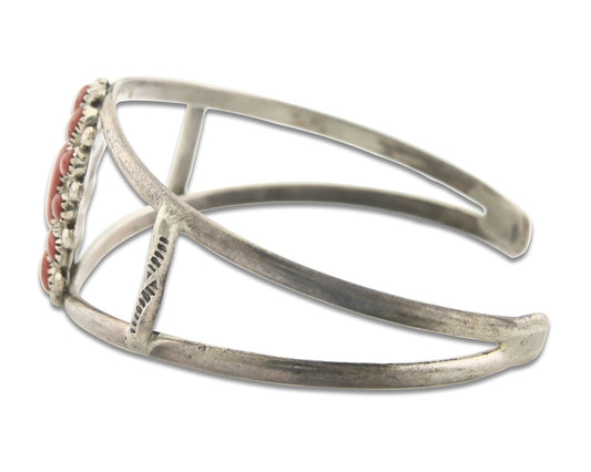 Vintage Navajo Bracelet 925 Silver Red Coral handmade Signed Besseleni