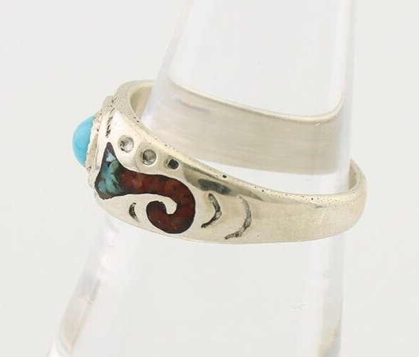 Navajo Ring 925 Silver Turquoise & Coral Natural American Artist C.80's