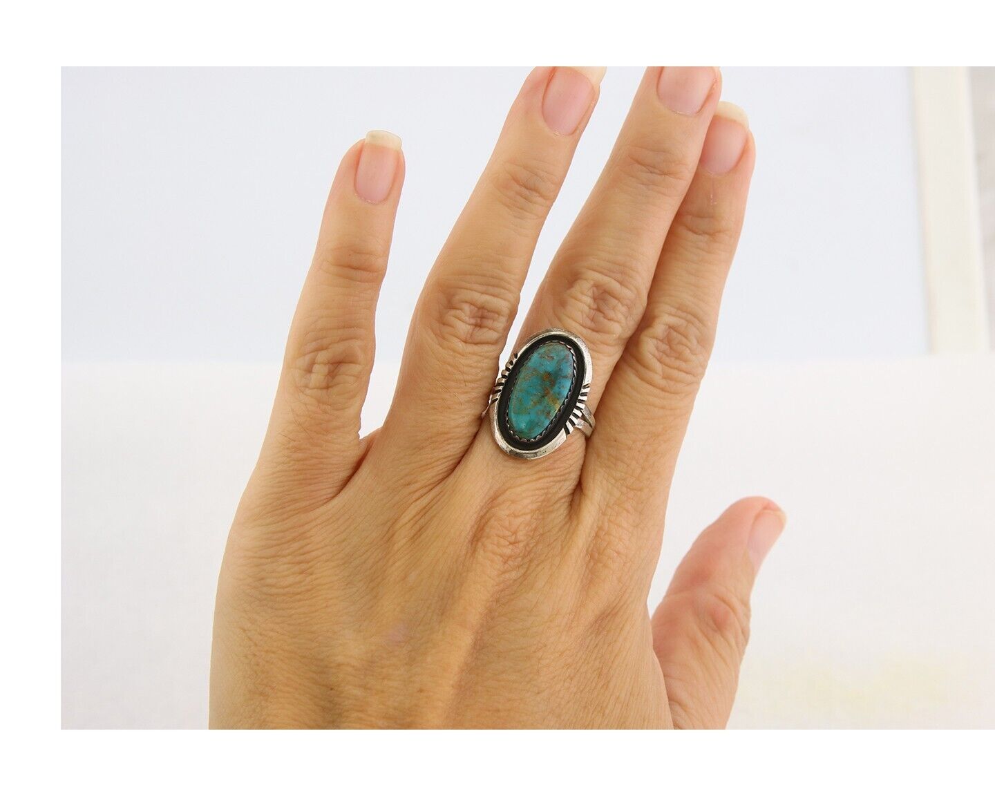 Navajo Ring 925 Sterling Natural Blue Turquoise Native Artist C.80's Size 6.25