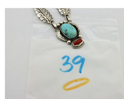 Navajo Necklace 925 Silver Turquoise & Coral Artist Signed Rabbit Stick C.2008