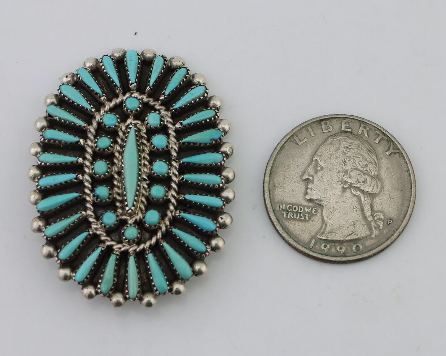 Zuni Pendant Pin 925 Silver Natural Turquoise Signed Judy Wallace C.80's