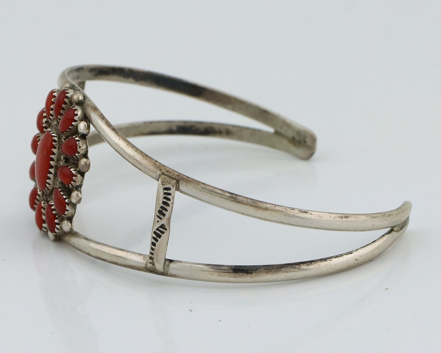 Zuni Bracelet 925 Silver Natural Red Coral Artist Signed J BESSELEN C.80's