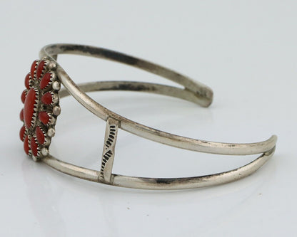 Zuni Bracelet 925 Silver Natural Red Coral Artist Signed J BESSELEN C.80's