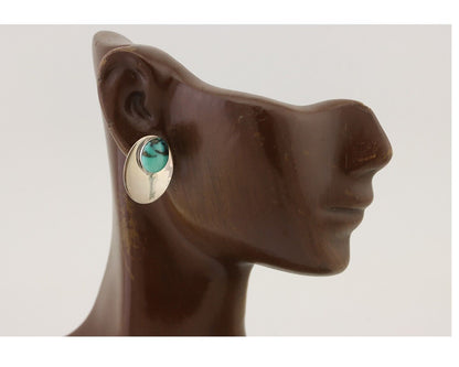 Navajo Shield Earrings 925 Silver Natural Turquoise Signed Ella Peters C.80's
