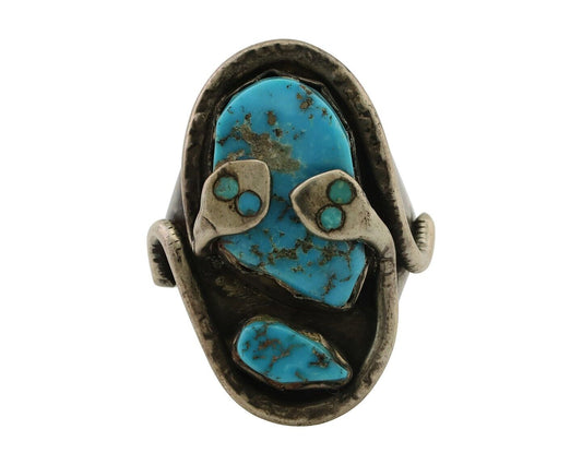 Mens Heavy Zuni Snake Ring 925 Silver Turquoise Signed EFFIE CALAVASA C.80's