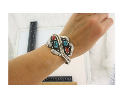 Navajo Bracelet 925 Silver Coral & Turquoise Cuff Signed R Spencer C.80's