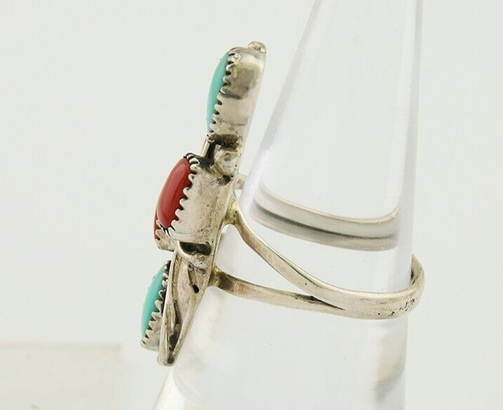 Navajo Handmade Ring 925 Silver Coral & Turquoise Native Artist C.80's