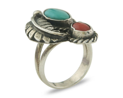 Navajo Ring 925 Sterling Natural Coral & Turquoise Signed EH C.80's Size 6.0