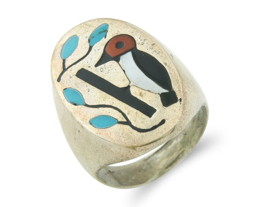 Vintage Navajo Ring 925 Sterling Wood Pecker Gemstone Native Artist Size 9.75