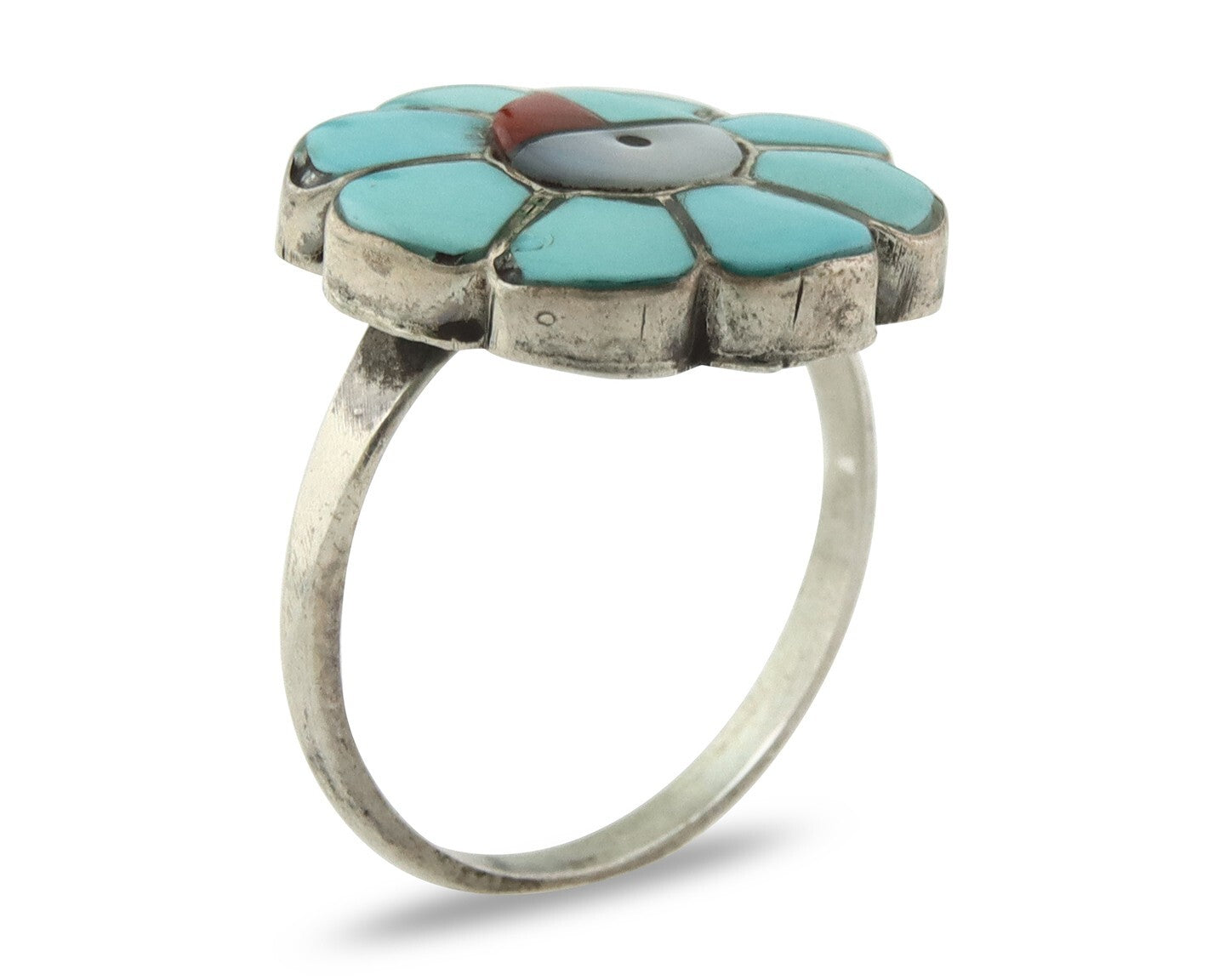Vintage Zuni Ring 925 Sterling Silver Natural Gemstone Signed JV Size 7.75