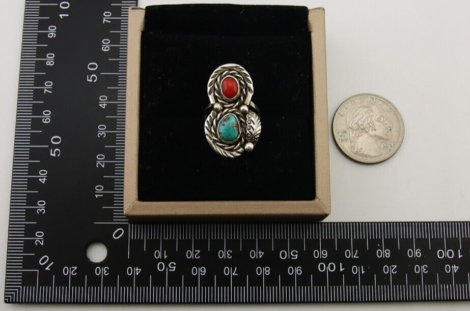 Navajo Handmade Ring 925 Silver Turquoise & Coral Native Artist C.80's