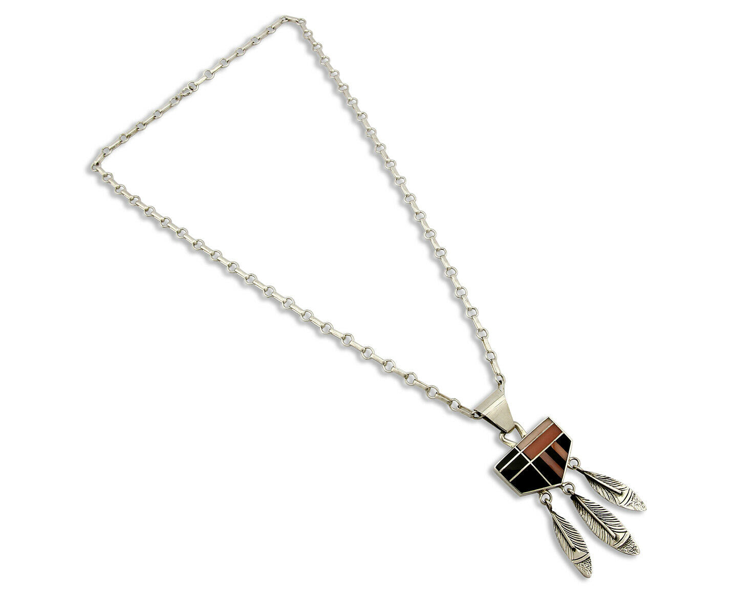 Navajo Inlaid Black Jet & Pink Angel Skin Coral .925 Silver Necklace