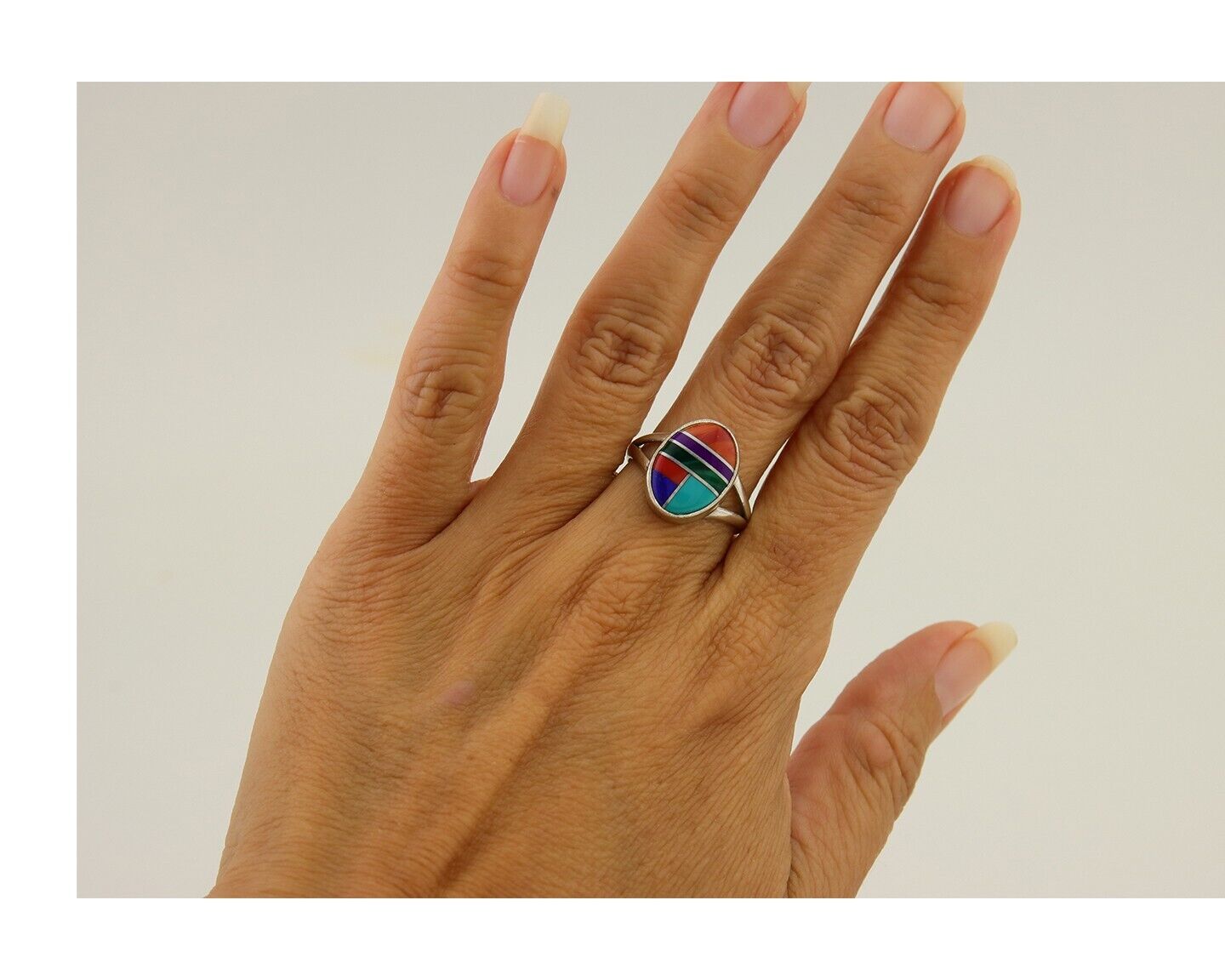 Navajo Ring 925 Sterling Silver Natural Gemstones Artist Signed Sunrise C.80's