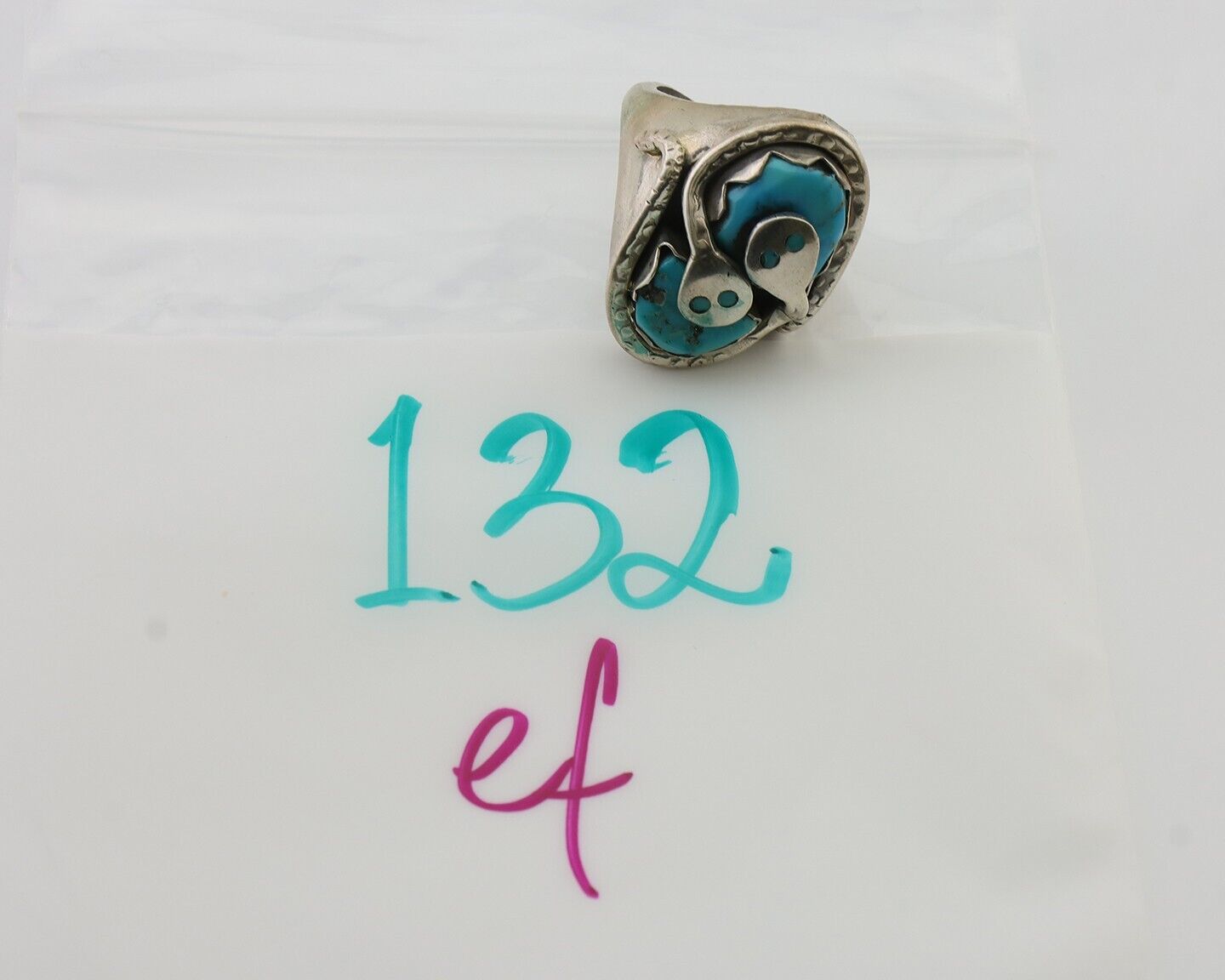 Mens Heavy Zuni Snake Ring 925 Silver Turquoise Signed EFFIE CALAVASA C.80's