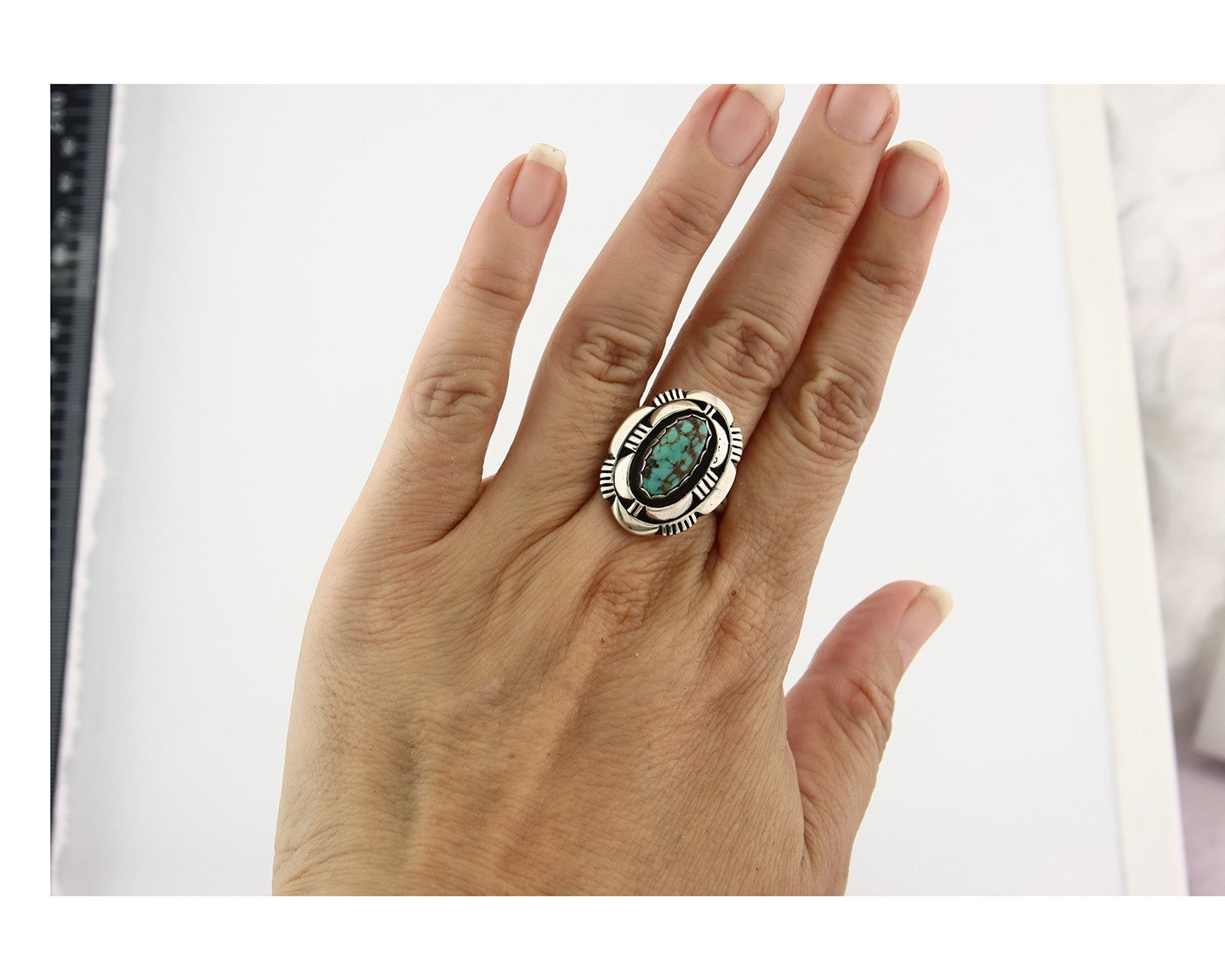 Vintage Navajo Ring 925 Sterling Silver Authentic Turquoise Signed LM Nez Sz 8.0