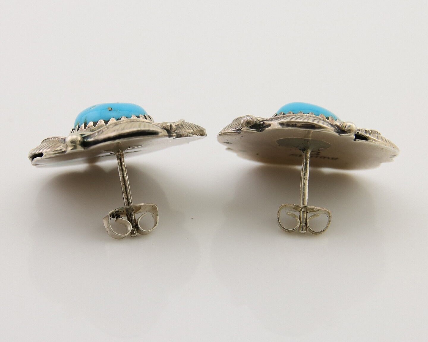 Navajo Earrings 925 Silver Inlaid Natural Turquoise Artist Signed G C.80s