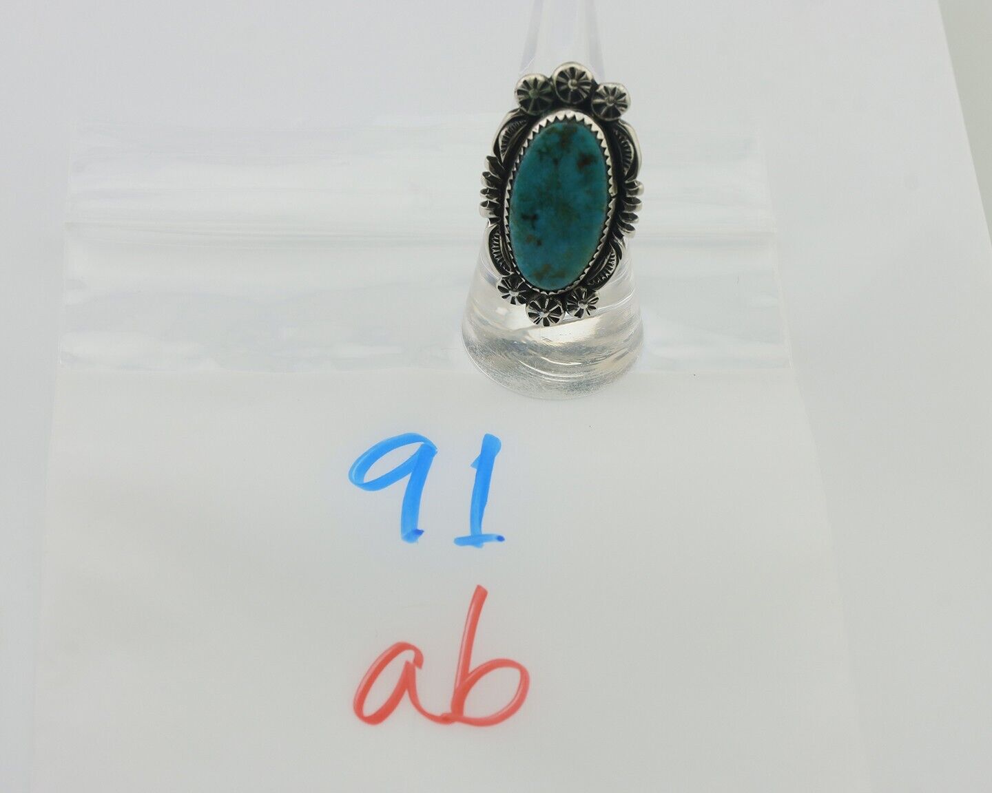 Navajo Ring 925 Silver Kingman Turquoise Big Oval Stone C.80's