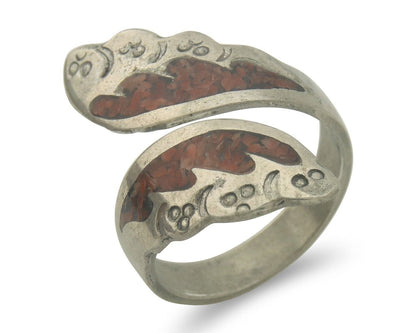 Navajo Ring 925 Silver Inlaid Natural Coral Native Artist C.80's Size 8.0