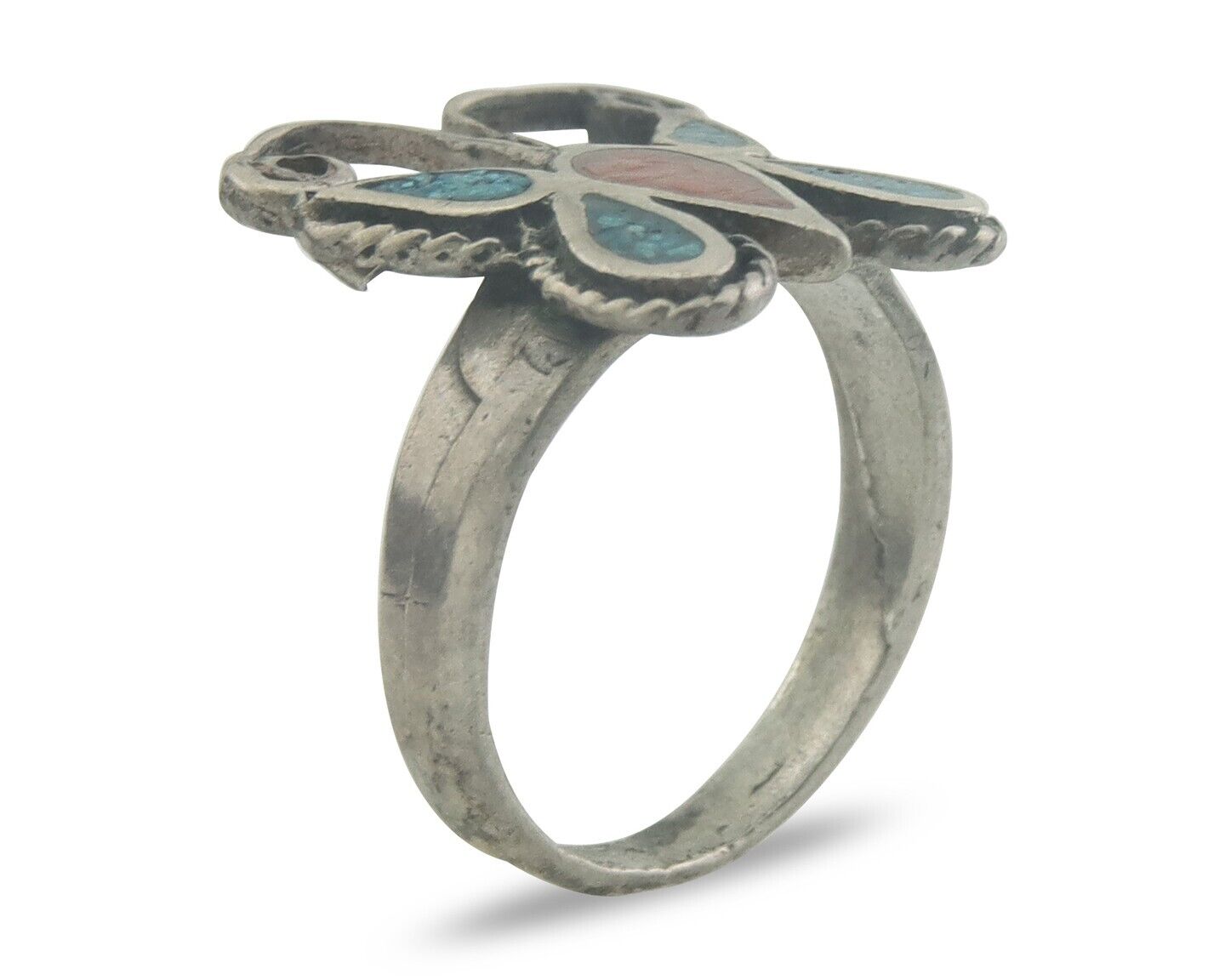 Navajo Ring 925 Silver Inlaid Butterfly Turquoise & Coral C.80's Size 5.5