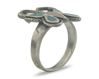 Navajo Ring 925 Silver Inlaid Butterfly Turquoise & Coral C.80's Size 5.5