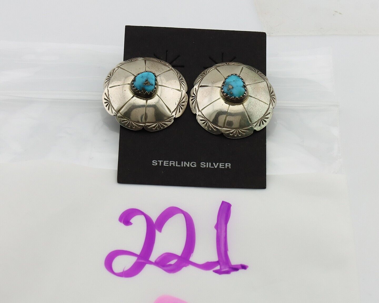 Navajo Hand Stamped Earrings 925 Silver Turquoise Signed Dean Brown C.80's