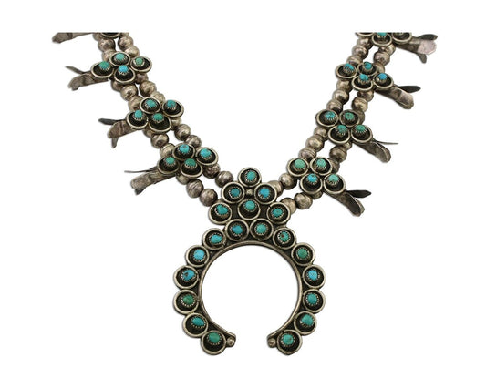Old Zuni Squash Necklace 925 Silver Natural Turquoise Native Artist C.70's