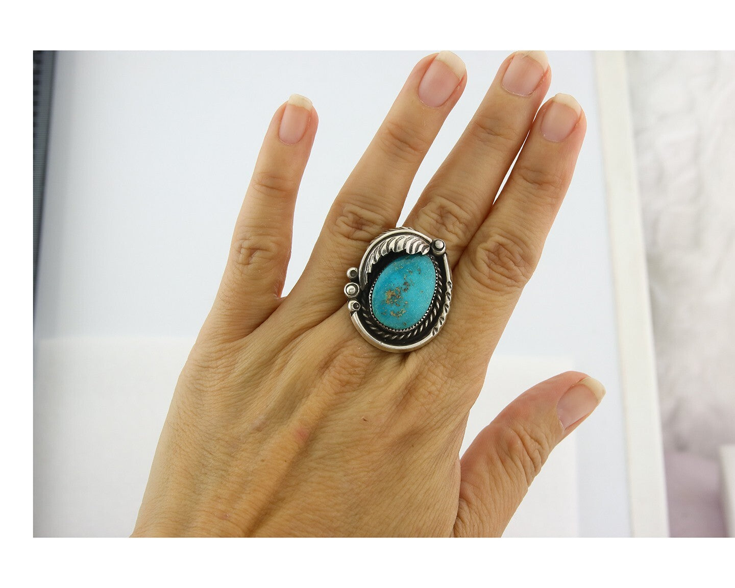 Traditional Navajo Ring Sterling Silver Authentic Turquoise Signed AY Size 7.0