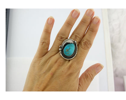 Traditional Navajo Ring Sterling Silver Authentic Turquoise Signed AY Size 7.0