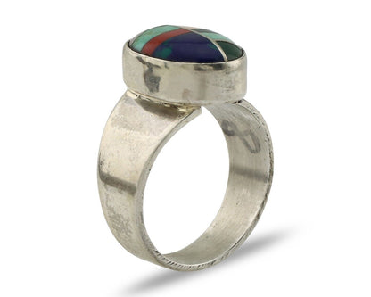 Zuni Inlaid Ring 925 Silver Mixed Natural Gemstones Native American Artist C.80s