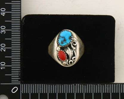 Navajo Ring 925 Sterling Turquoise & Coral Native Artist C.80's Size 8.5