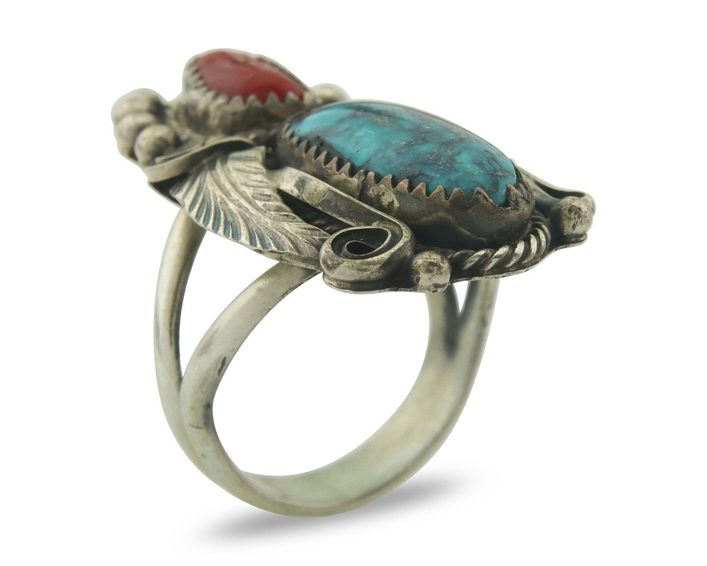 Navajo Ring 925 Sterling Natural Coral & Turquoise Signed JM C.80's Size 8.5