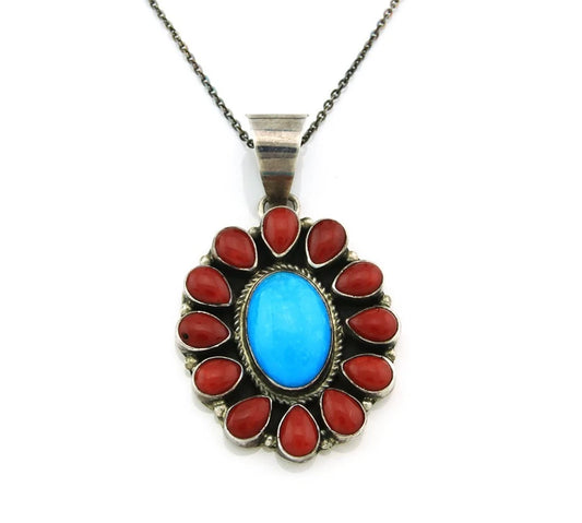 Navajo Necklace 925 Sterling Silver Turquiose Coral Vintage Artist Signed SS