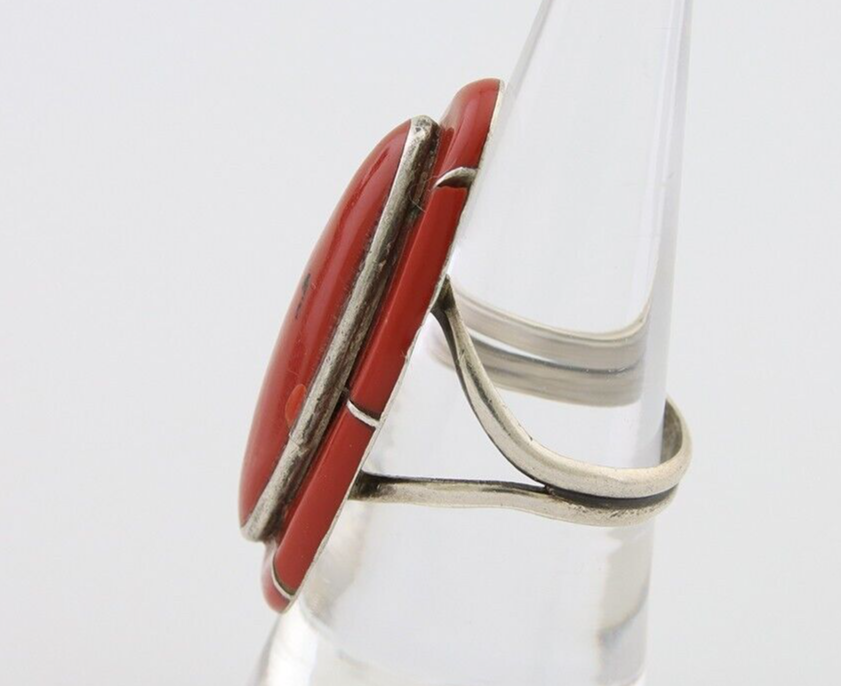 Natural Ring 925 Silver Natural Red Coral Artist Signed P Size 8