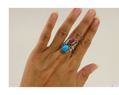 Navajo Handmade Ring 925 Silver Turquoise & Coral Artist Signed Justin Morris 80
