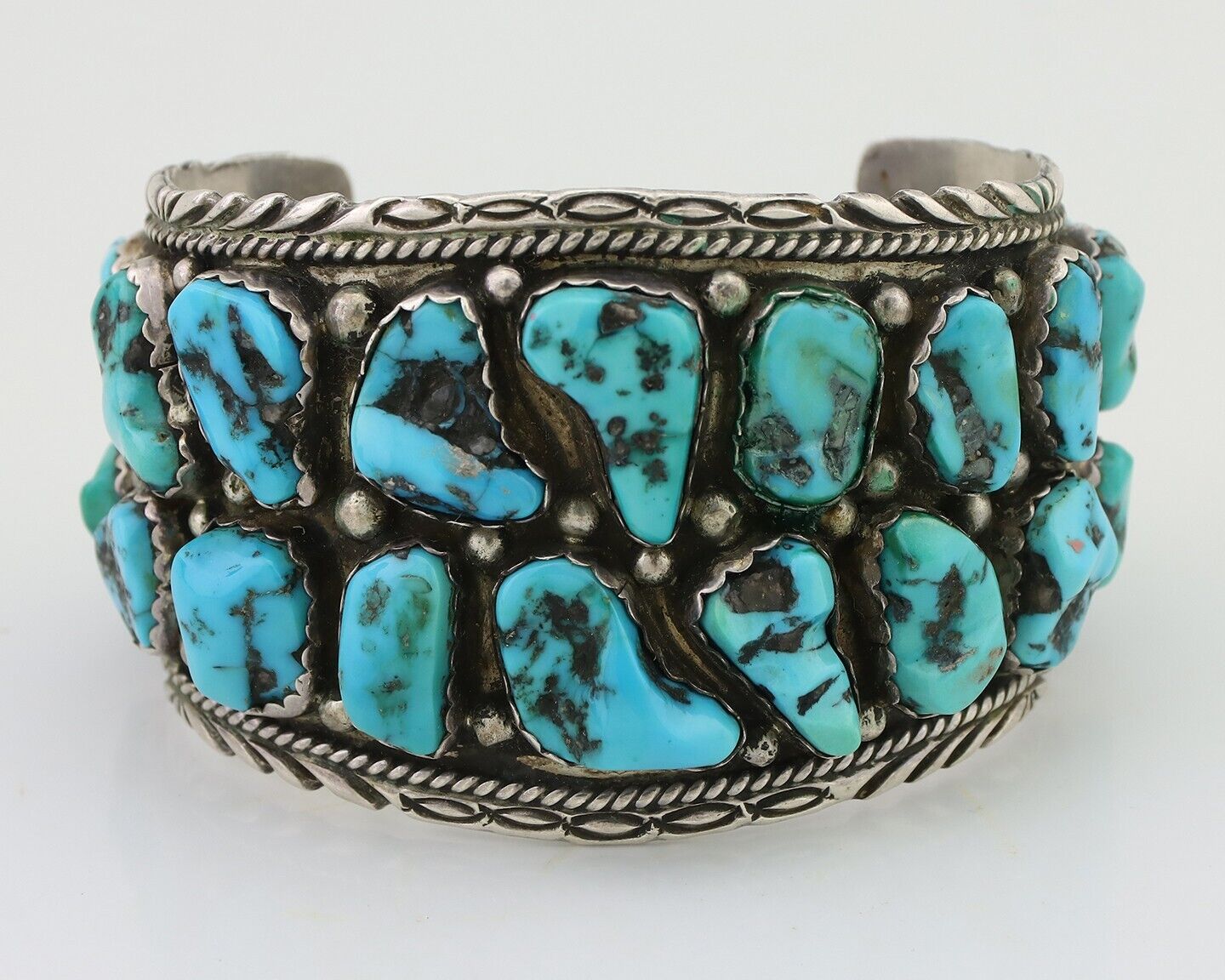 Men Navajo Cuff Bracelet 925 Silver Blue Hand Cut Turquoise Native Artist C.80's