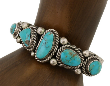 Navajo Cuff Bracelet 925 Silver Natural Turquoise Signed Jessie Claw C.80's