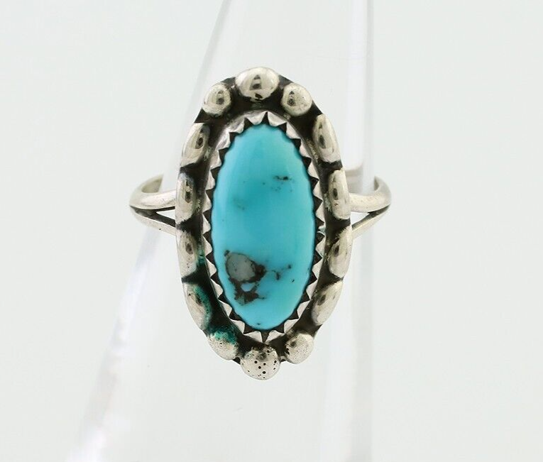 Navajo Ring 925 Silver Sleeping Beauty Turquoise Artist Signed SC C.80's