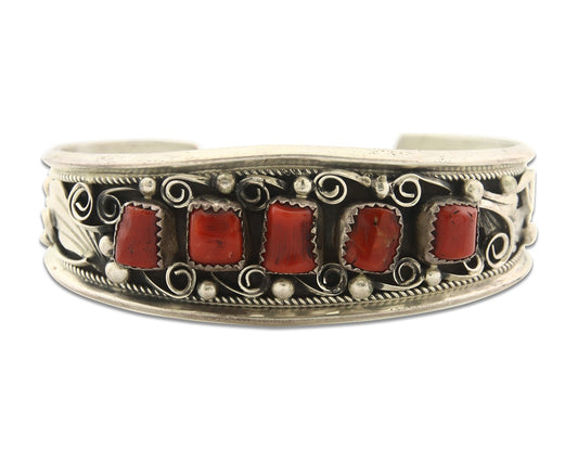 Vintage Navajo Bracelet 925 Silver Red Coral handmade Signed Justin Morris