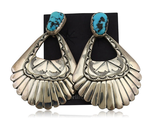 Navajo Handmade Earrings 925 Silver Blue Turquoise Native Artist C.80s