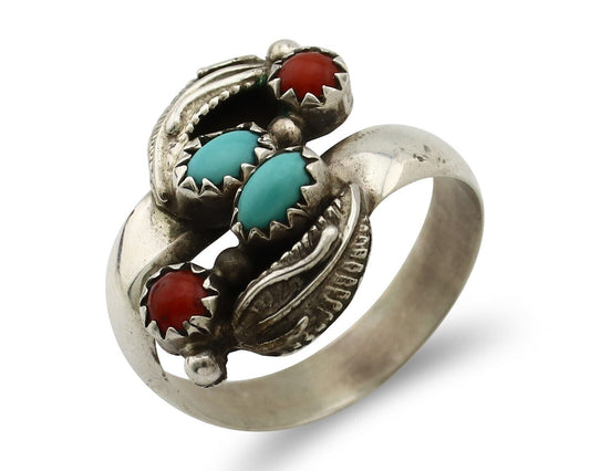 Navajo Adjustable Ring 925 Silver Turquiose & Coral Native Artist C.80's