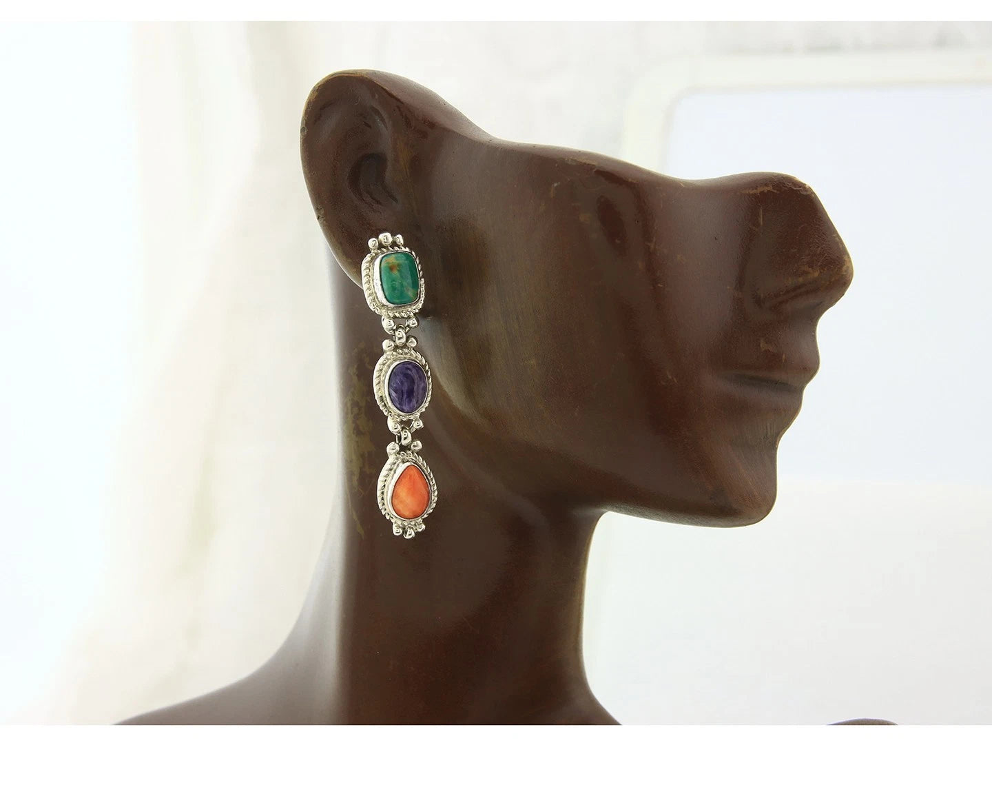 Navajo Dangle Earrings Sterling Silver Natural Gemstone Native Signed S