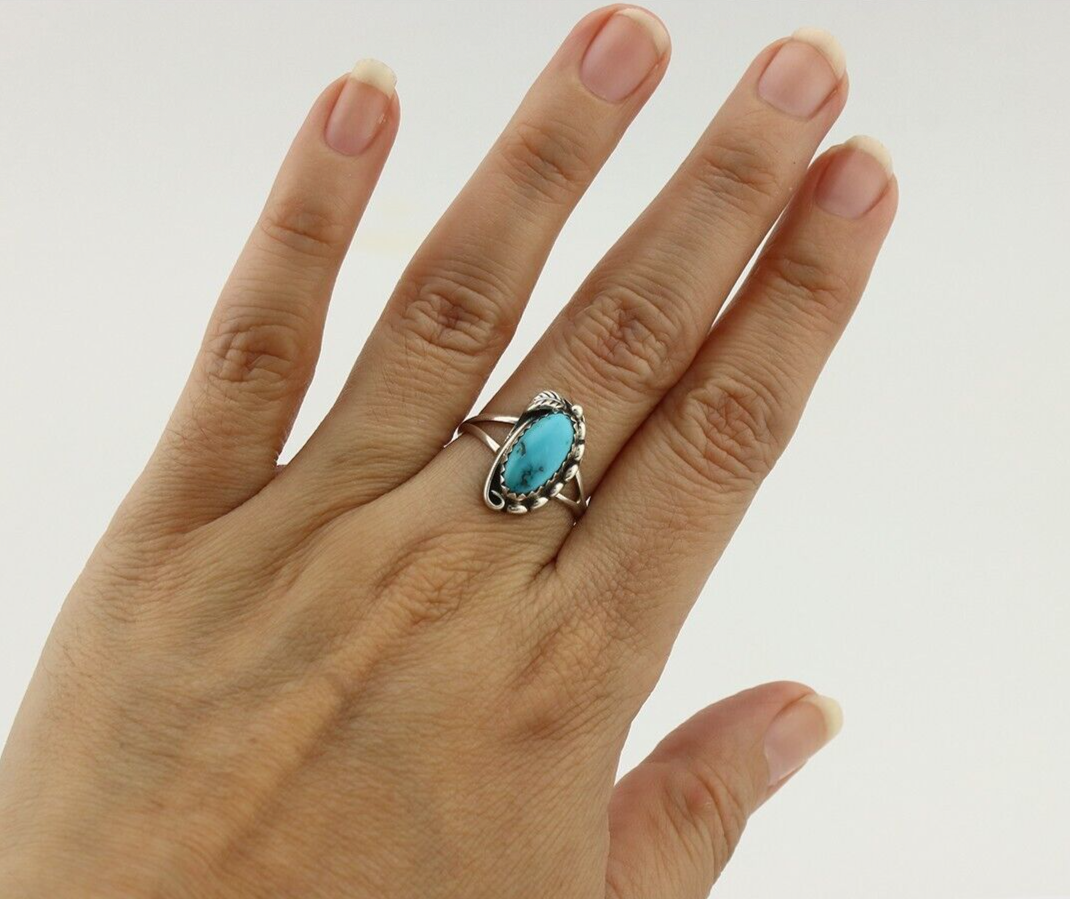 Navajo Ring 925 Silver Sleeping Beauty Turquoise Artist Signed SC C.80's