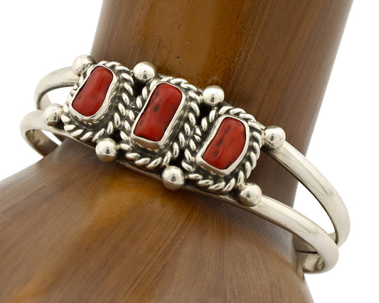 Navajo Bracelet .925 Silver Natural Red Coral Artist Native American C.1980's