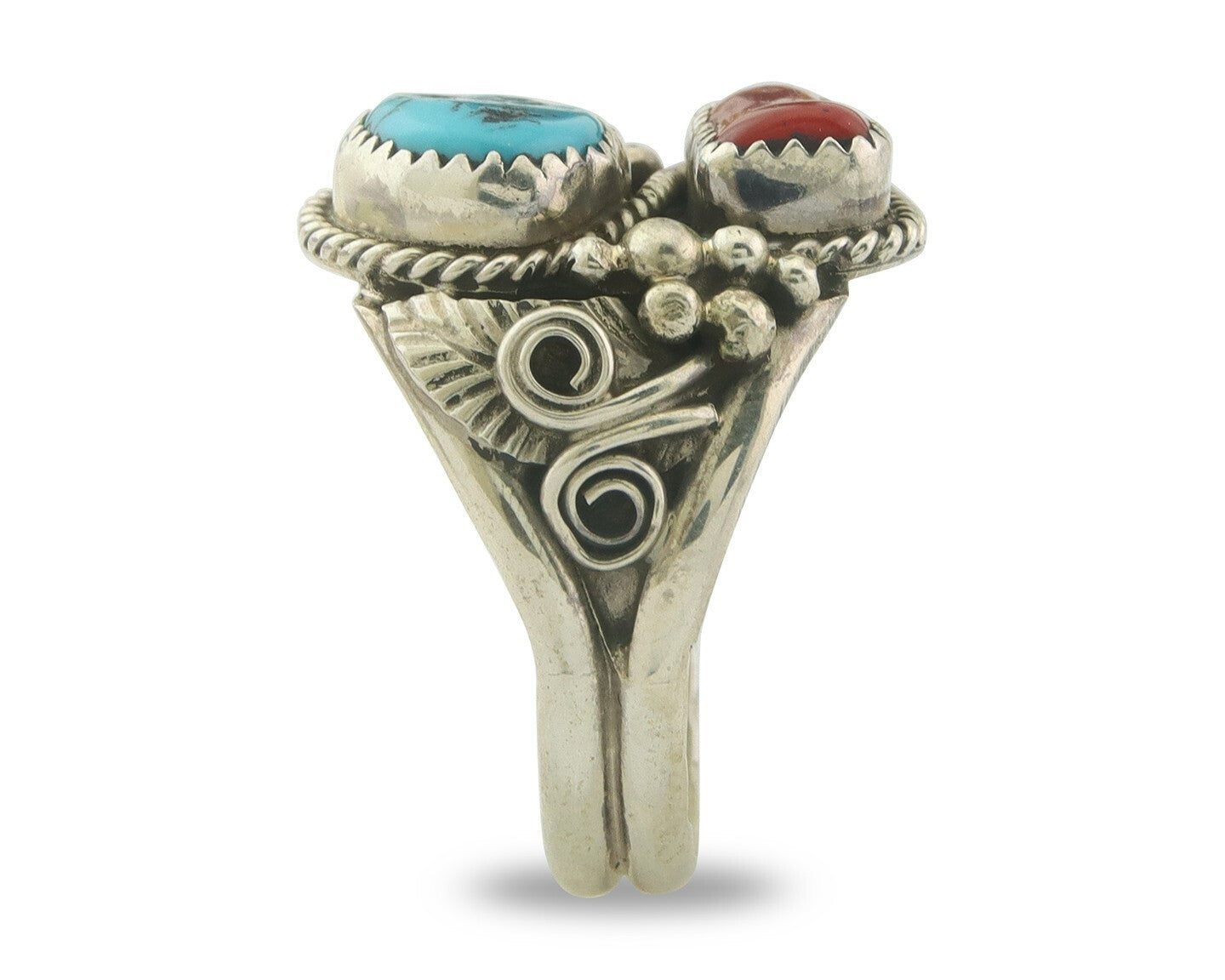 Men Navajo Ring 925 Sterling Natural Coral & Turquoise Signed JM C.80's Sz 12.5