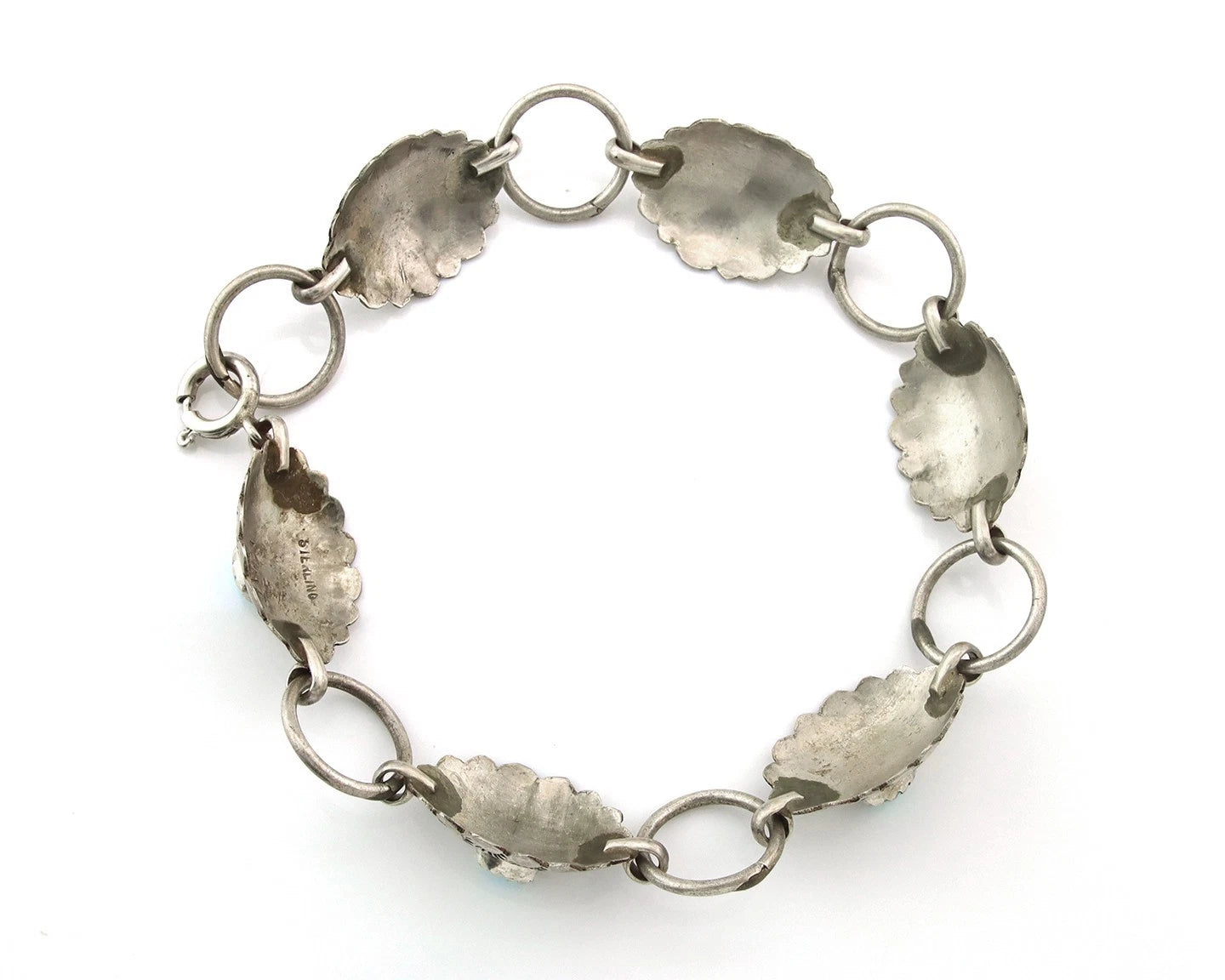 Navajo Concho Bracelet Sterling Silver Turquoise Hand Stamped Signed A.J.