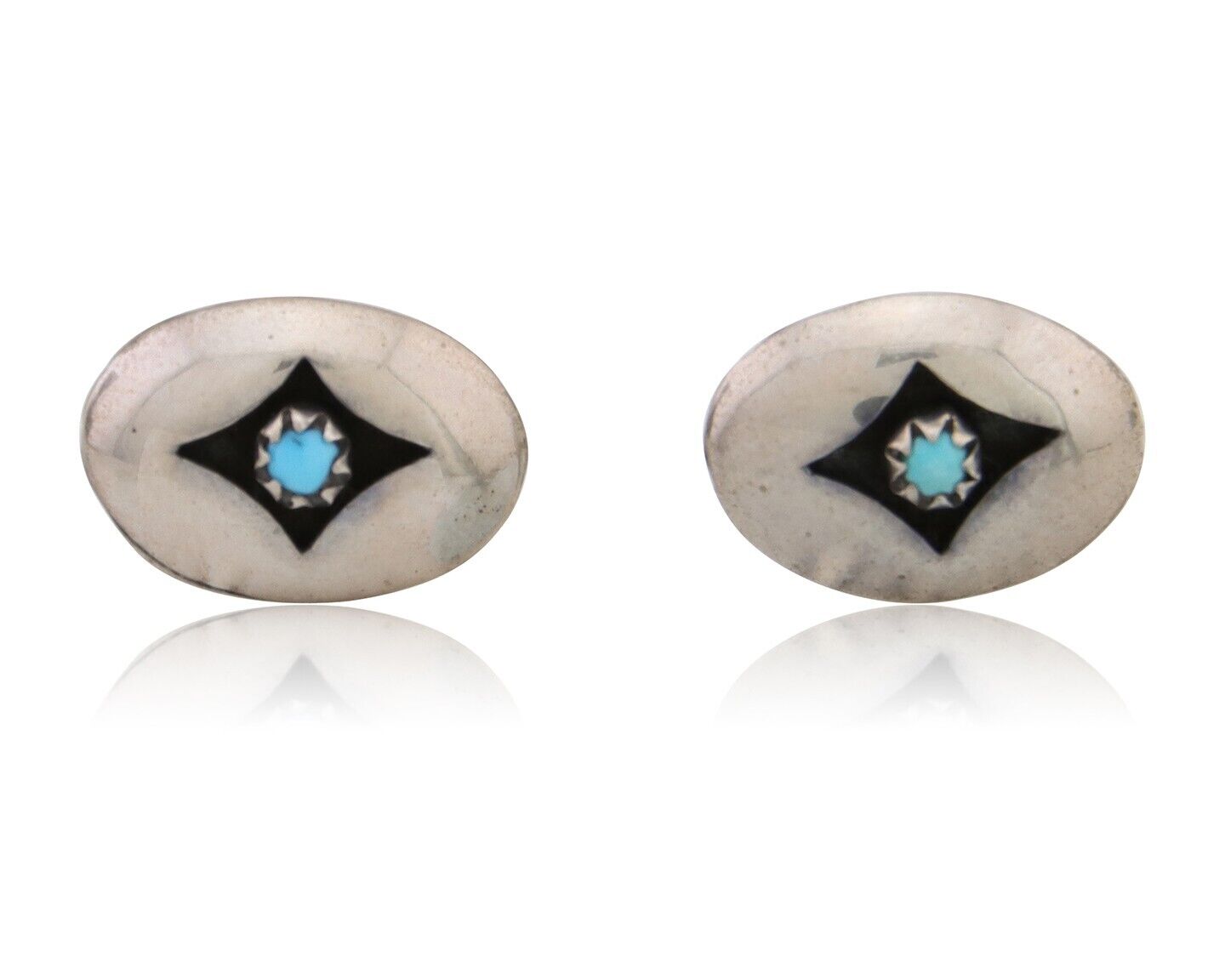 Navajo Shield Earrings 925 Silver Natural Turquoise Native American Artist C.80s