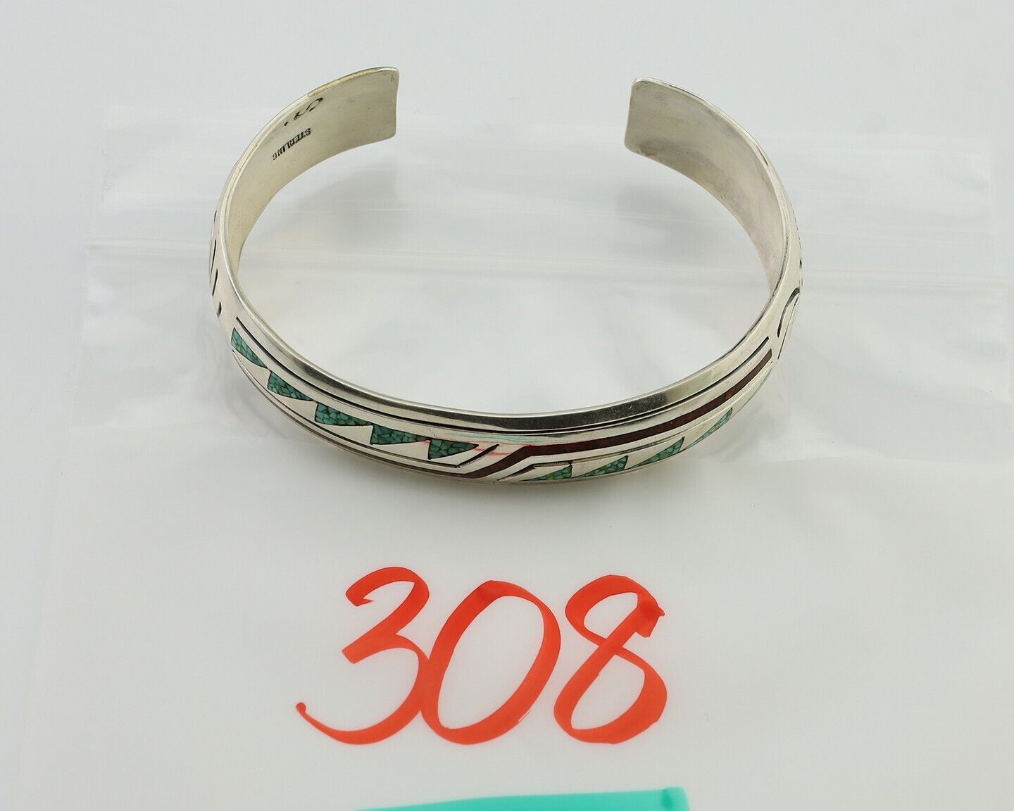 Navajo Inlay Bracelet 925 Silver Turquoise & Coral Signed Stanely Bain C.80's